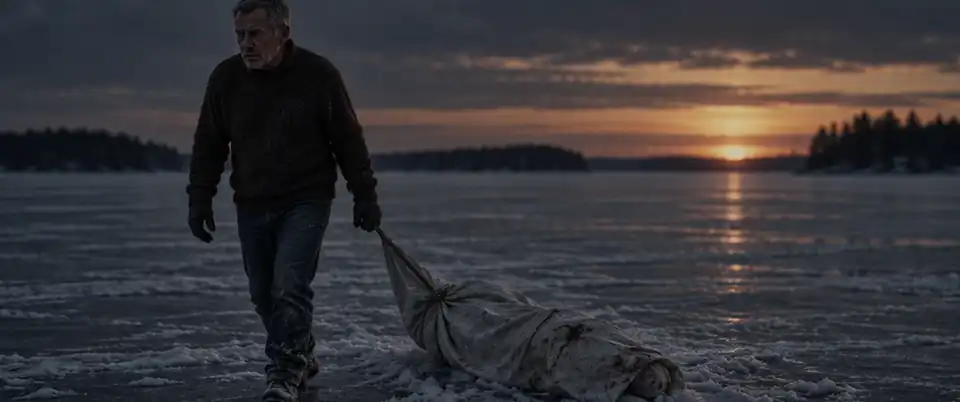 Concept art: a fisherman drags a body wrapped in a sheet across a frozen lake at dusk